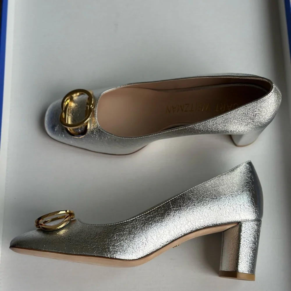 Stuart Weitzman Anicia Metallic Silver Leather Pumps Gold Logo Size 7.5 - Picture 8 of 16